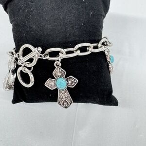 Icon Bracelet Women Charm Crosses Turquoise Silver  Costume Western Religious